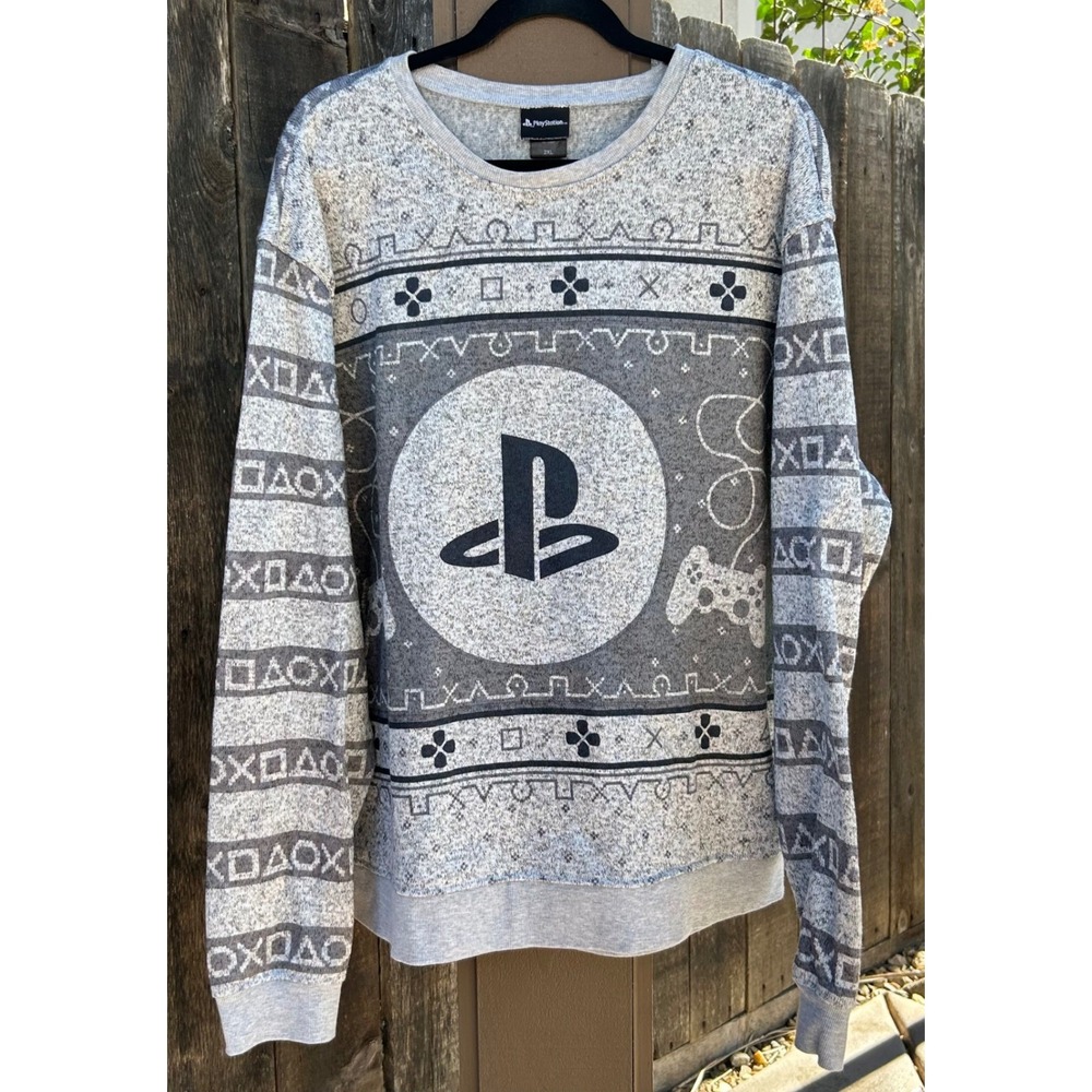PlayStation PS Logo Crewneck Sweatshirt Gray Graphic Gaming Pullover Men's 2XL